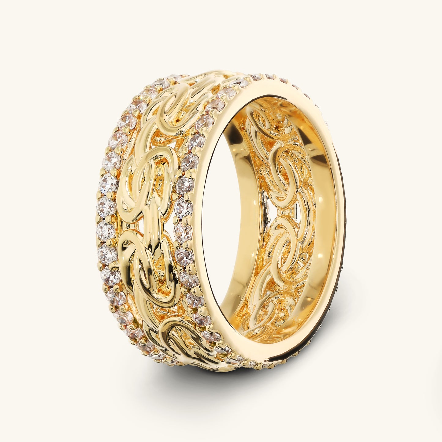 Bague à chaîne byzantine avec pavé de zircones cubiques