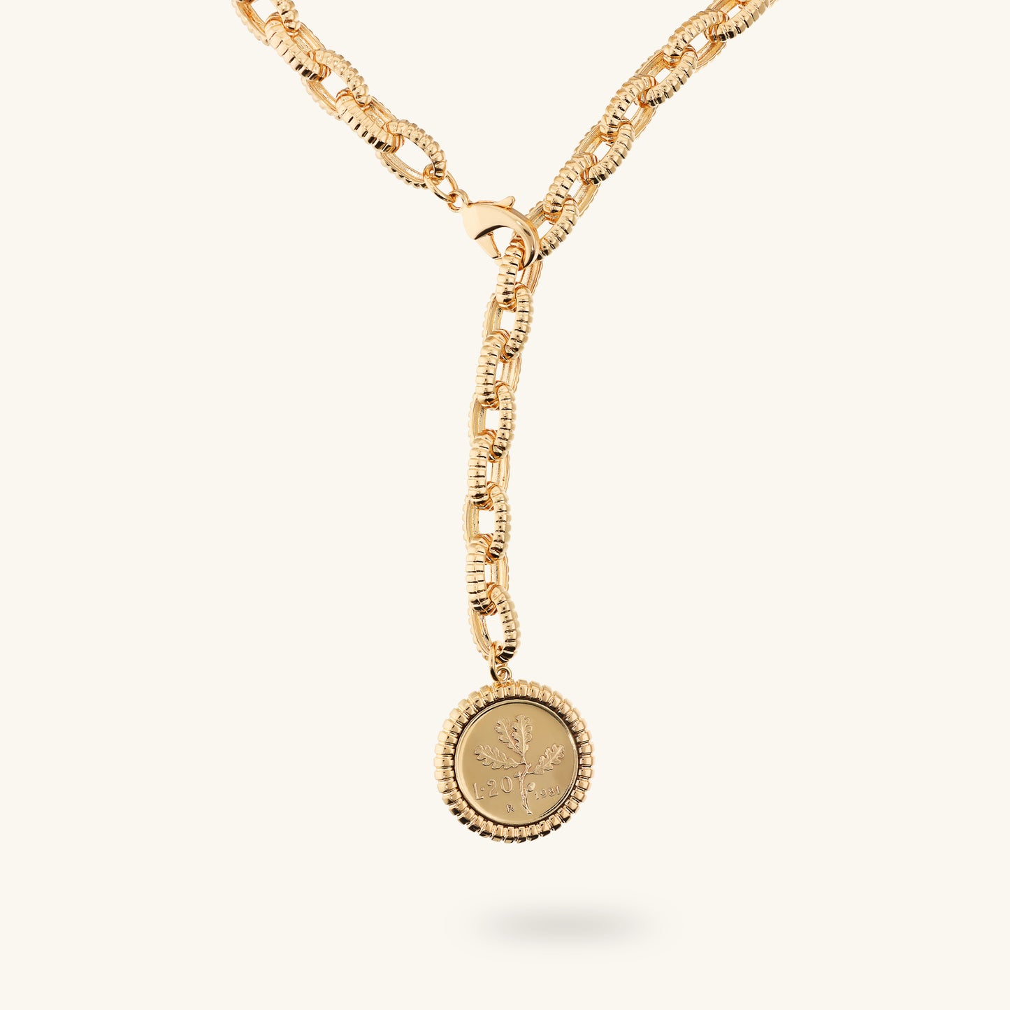 Collana Maglie Ovali Texture Rigata con Ciondolo Moneta