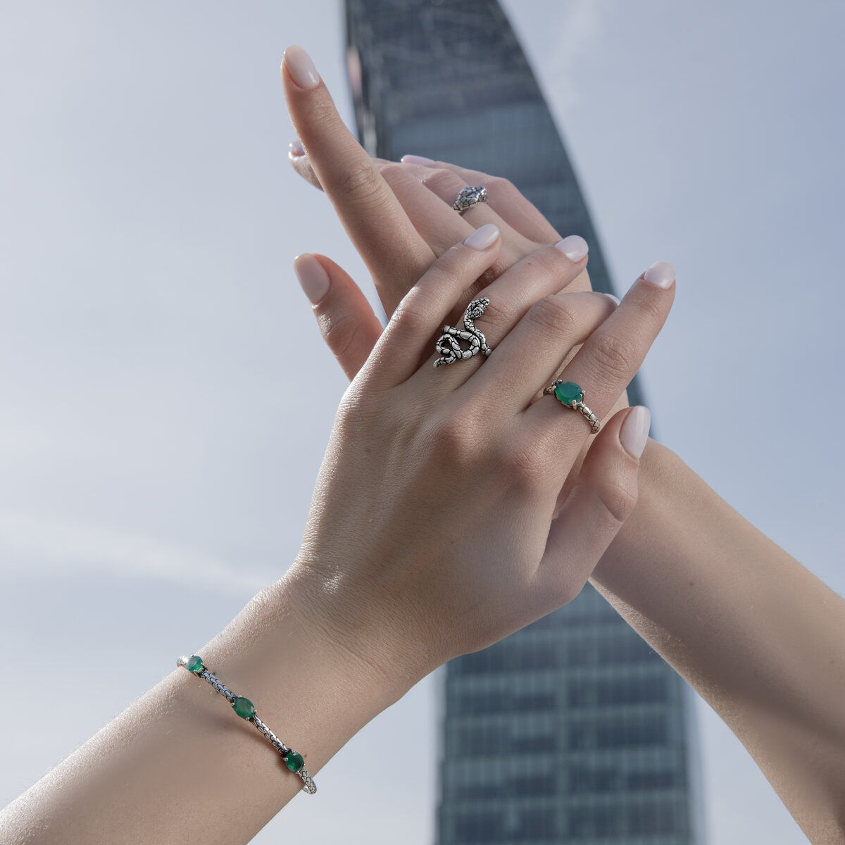 Anello Serpente Texture con Pietra Naturale Agata Verde in Argento 925