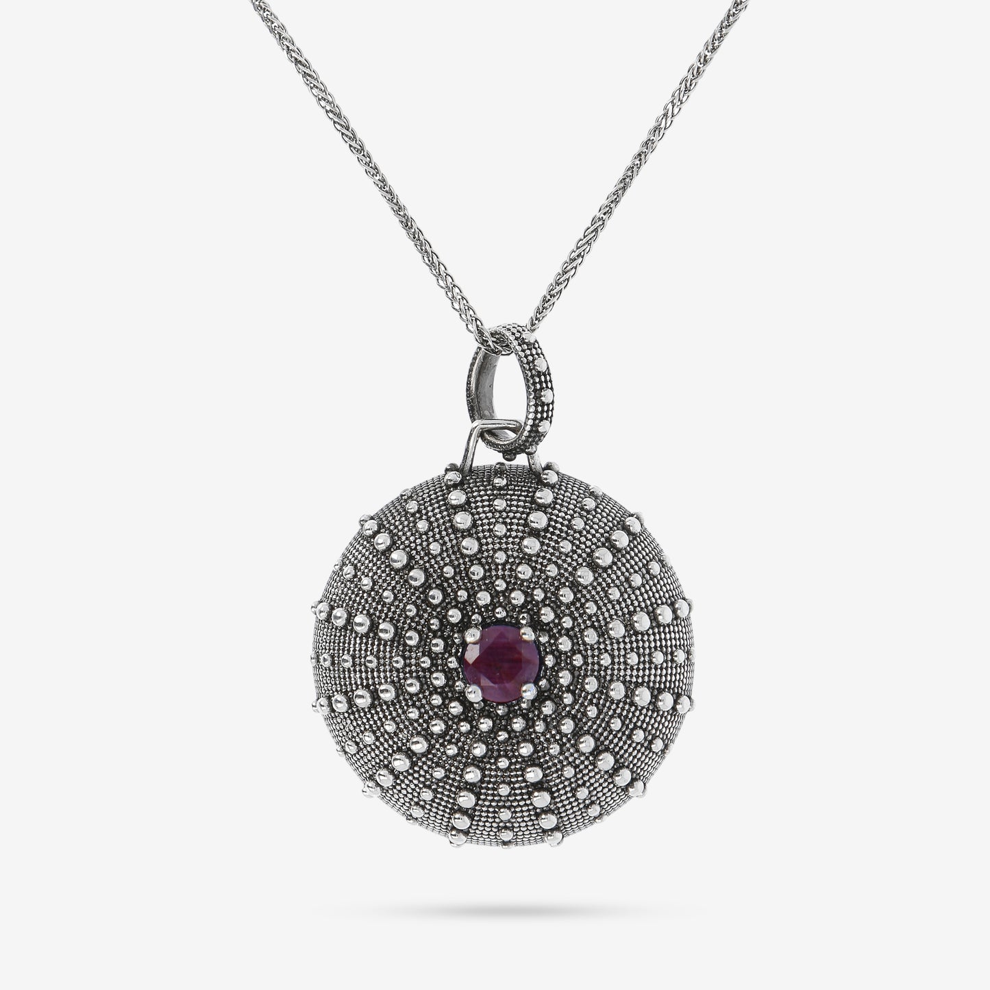 Collana in Argento 925 placcato Rutenio con Pendente Texture Riccio di Mare e Pietra Naturale