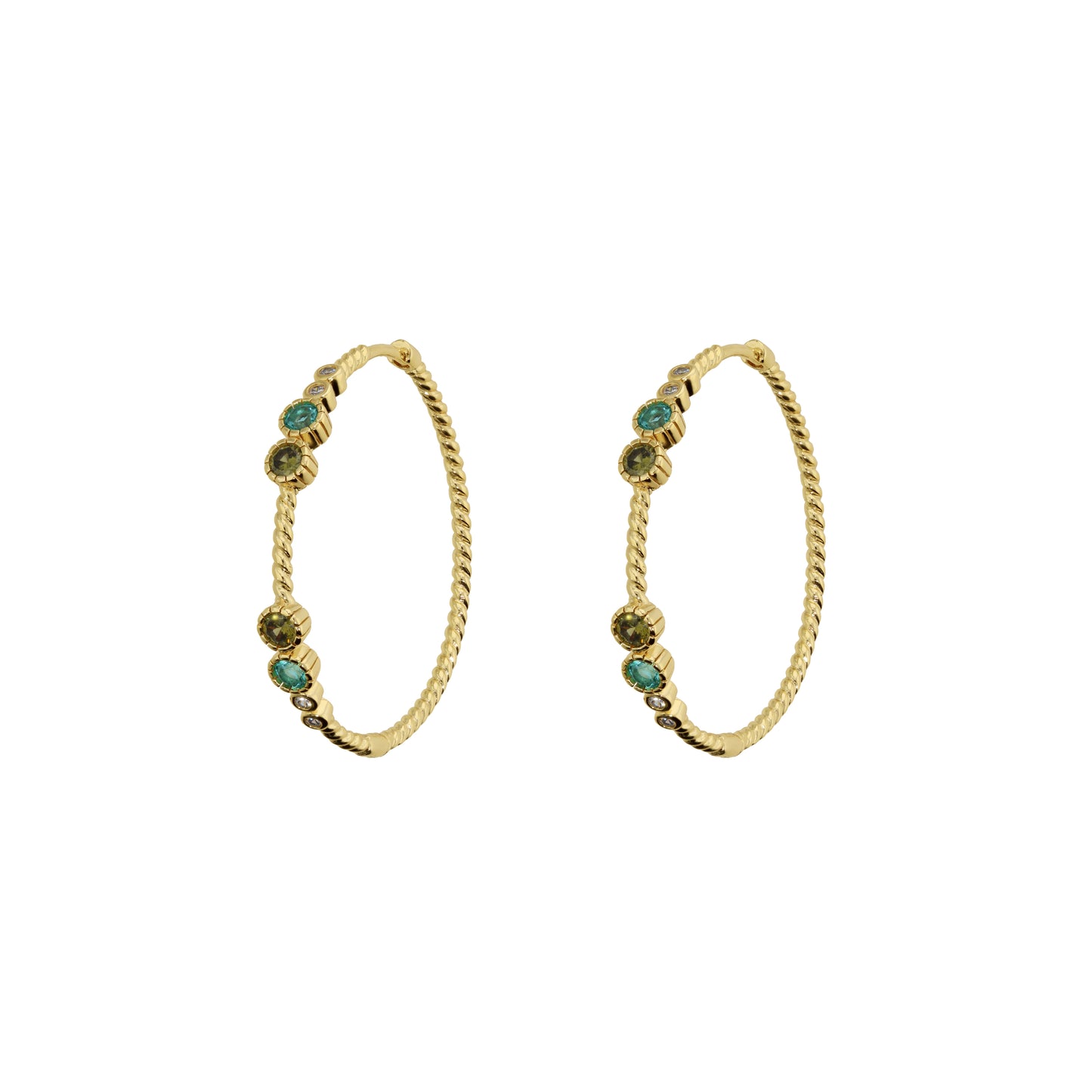 Orecchini a Cerchio Texture Corda con Cubic Zirconia Blu, Verdi e Bianche