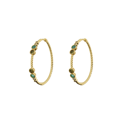 Orecchini a Cerchio Texture Corda con Cubic Zirconia Blu, Verdi e Bianche
