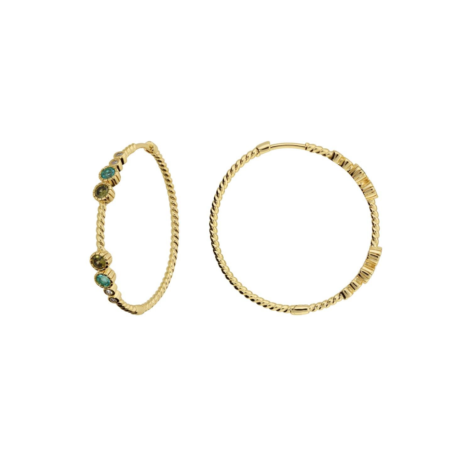 Orecchini a Cerchio Texture Corda con Cubic Zirconia Blu, Verdi e Bianche