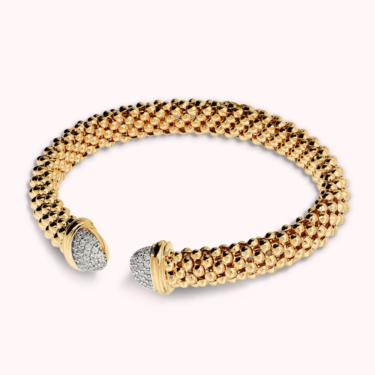Bracciale Semi-rigido Aperto Maglia Popcorn con Estremità in Pavè di Cubic Zirconia