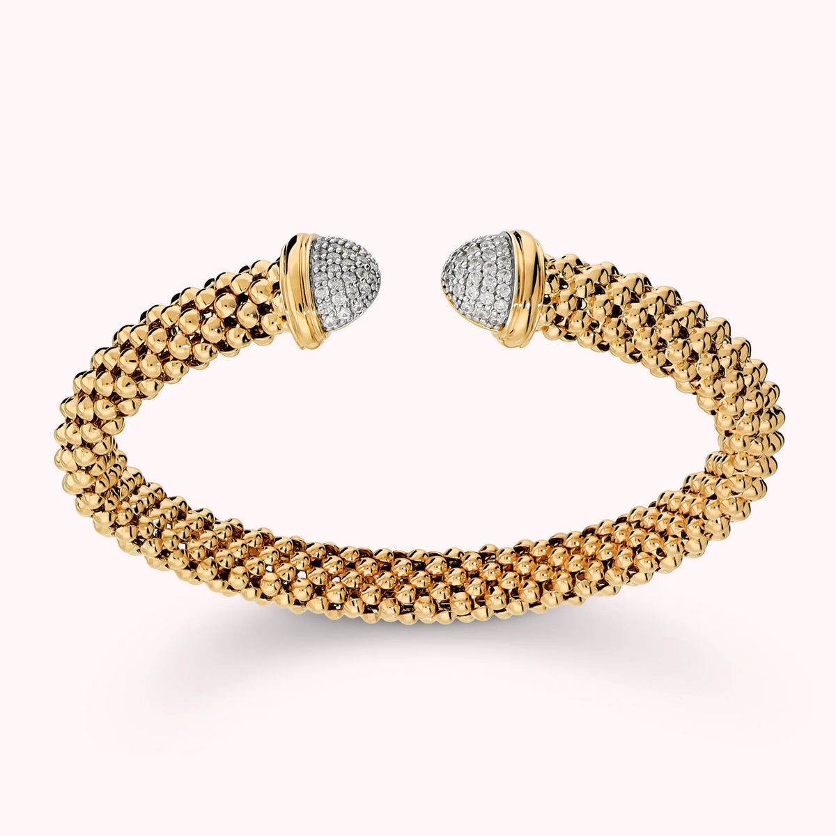 Bracciale Semi-rigido Aperto Maglia Popcorn con Estremità in Pavè di Cubic Zirconia