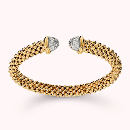 Bracciale Semi-rigido Aperto Maglia Popcorn con Estremità in Pavè di Cubic Zirconia