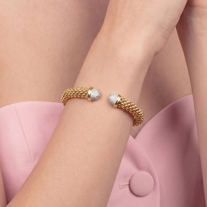 Bracciale Semi-rigido Aperto Maglia Popcorn con Estremità in Pavè di Cubic Zirconia