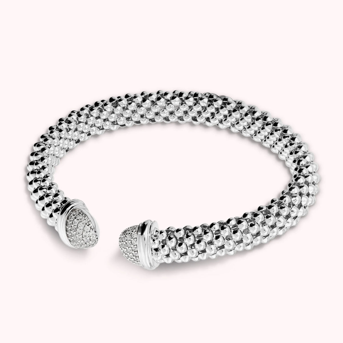 Bracciale Semi-rigido Aperto Maglia Popcorn con Estremità in Pavè di Cubic Zirconia