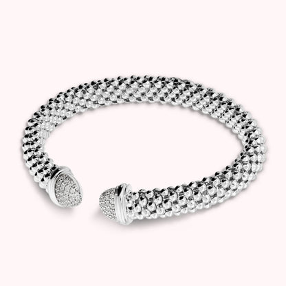 Bracciale Semi-rigido Aperto Maglia Popcorn con Estremità in Pavè di Cubic Zirconia