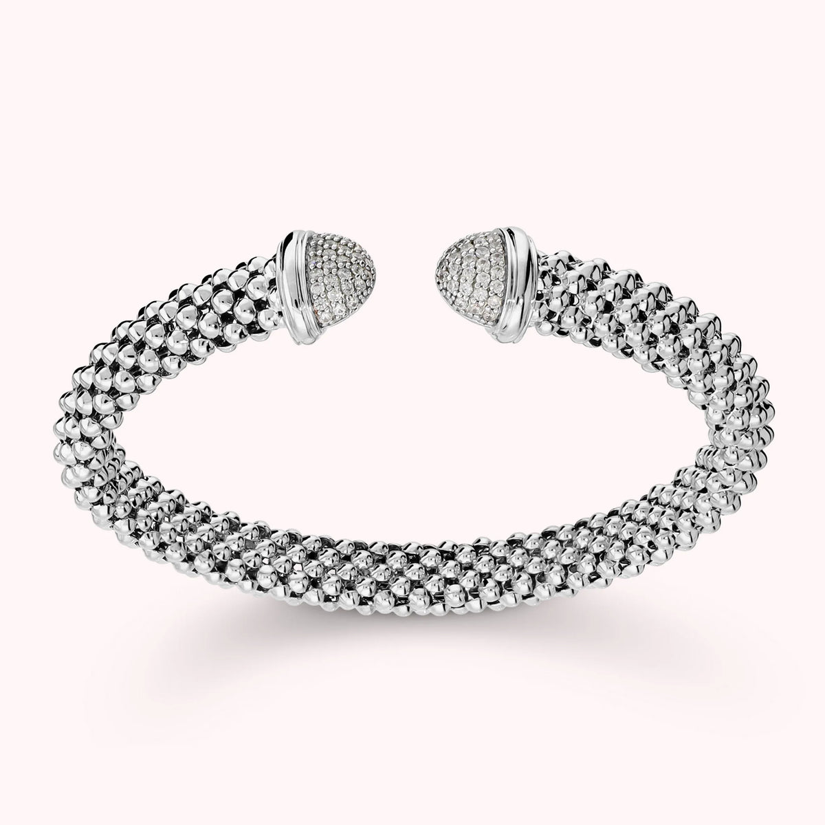 Bracciale Semi-rigido Aperto Maglia Popcorn con Estremità in Pavè di Cubic Zirconia