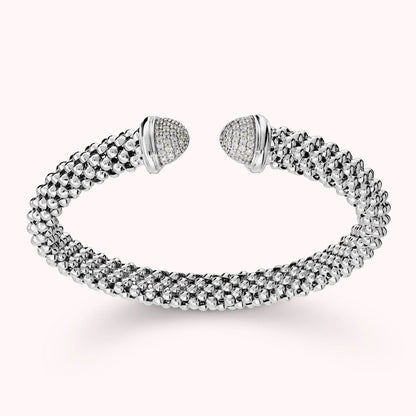 Bracciale Semi-rigido Aperto Maglia Popcorn con Estremità in Pavè di Cubic Zirconia