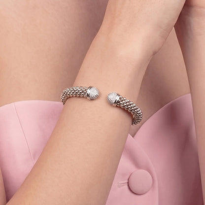 Bracciale Semi-rigido Aperto Maglia Popcorn con Estremità in Pavè di Cubic Zirconia