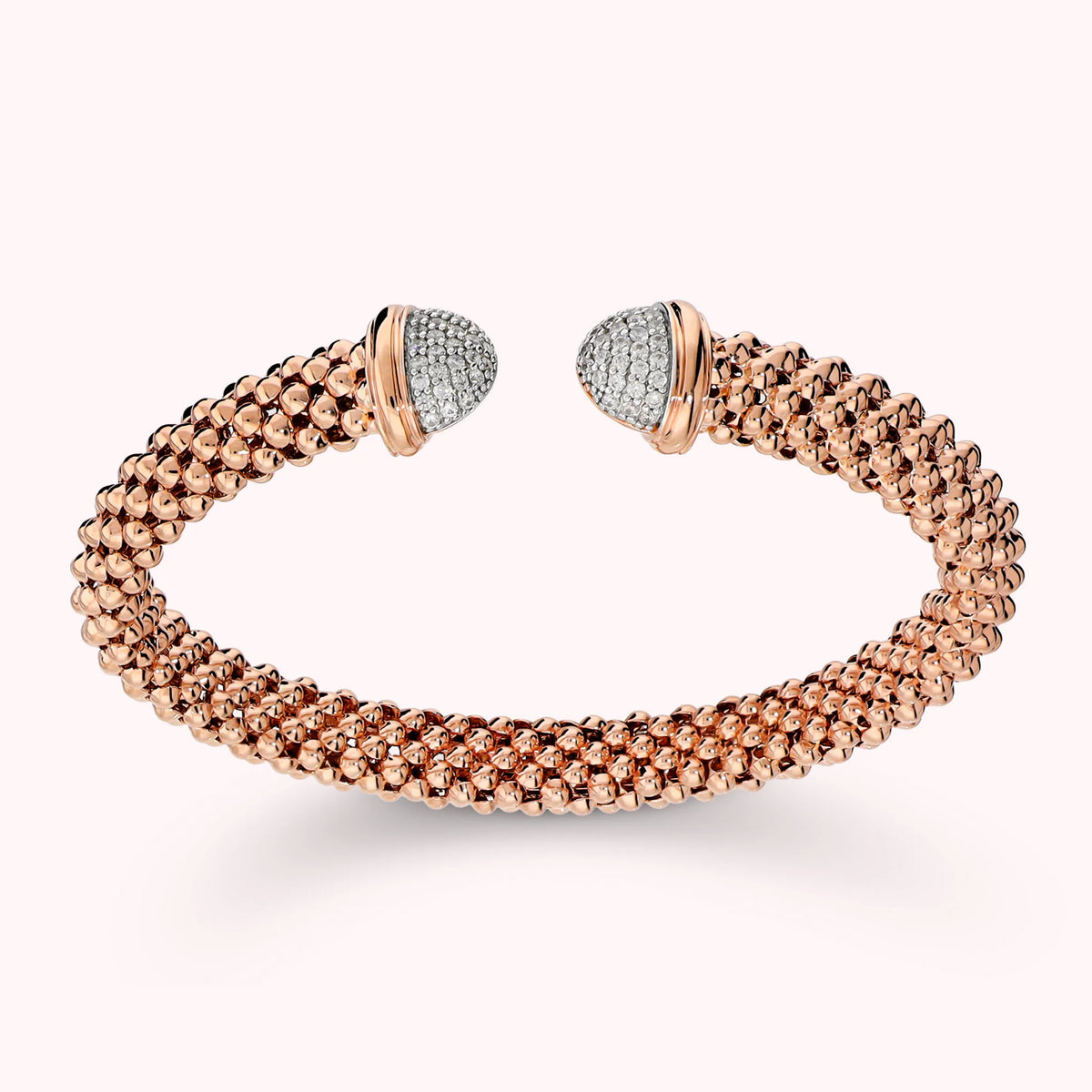 Bracciale Semi-rigido Aperto Maglia Popcorn con Estremità in Pavè di Cubic Zirconia