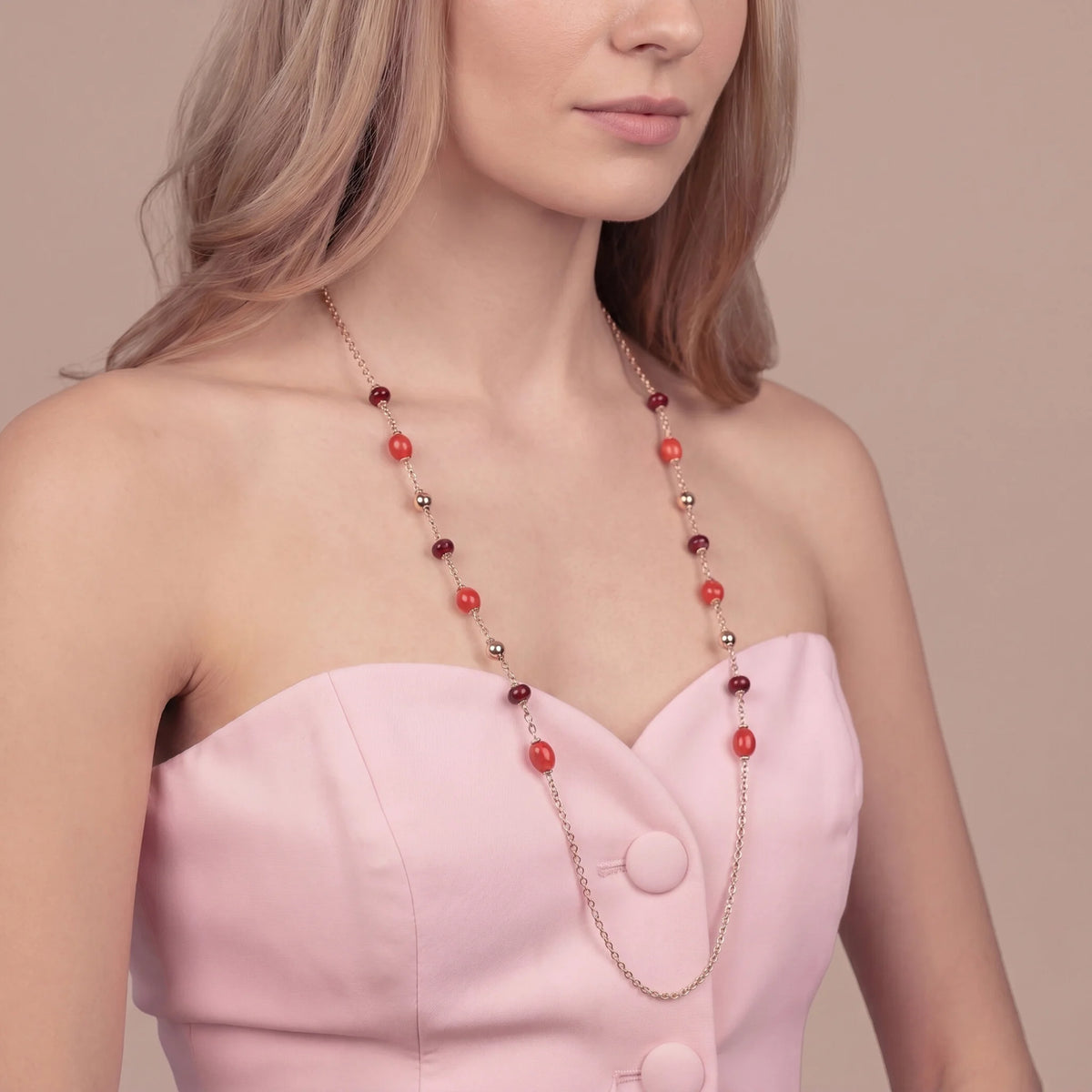 Collana Lunga con Bead Lucide e Quarzite Placcata Oro 18Kt