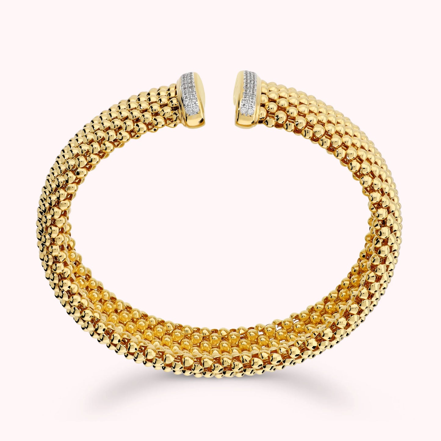 Bracciale Rigido Aperto Maglia alta Popcorn con Estremità di Pavè in Cubic Zirconia