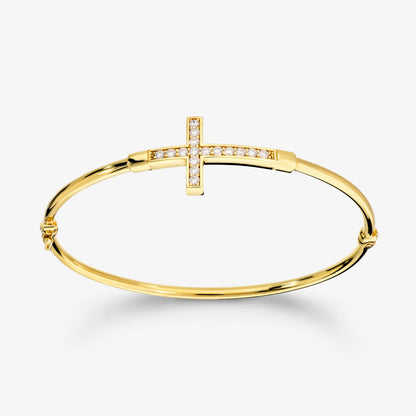 Bracciale Rigido in Argento 925 placcato Oro Giallo 18Kt con Croce in Cubic Zirconia