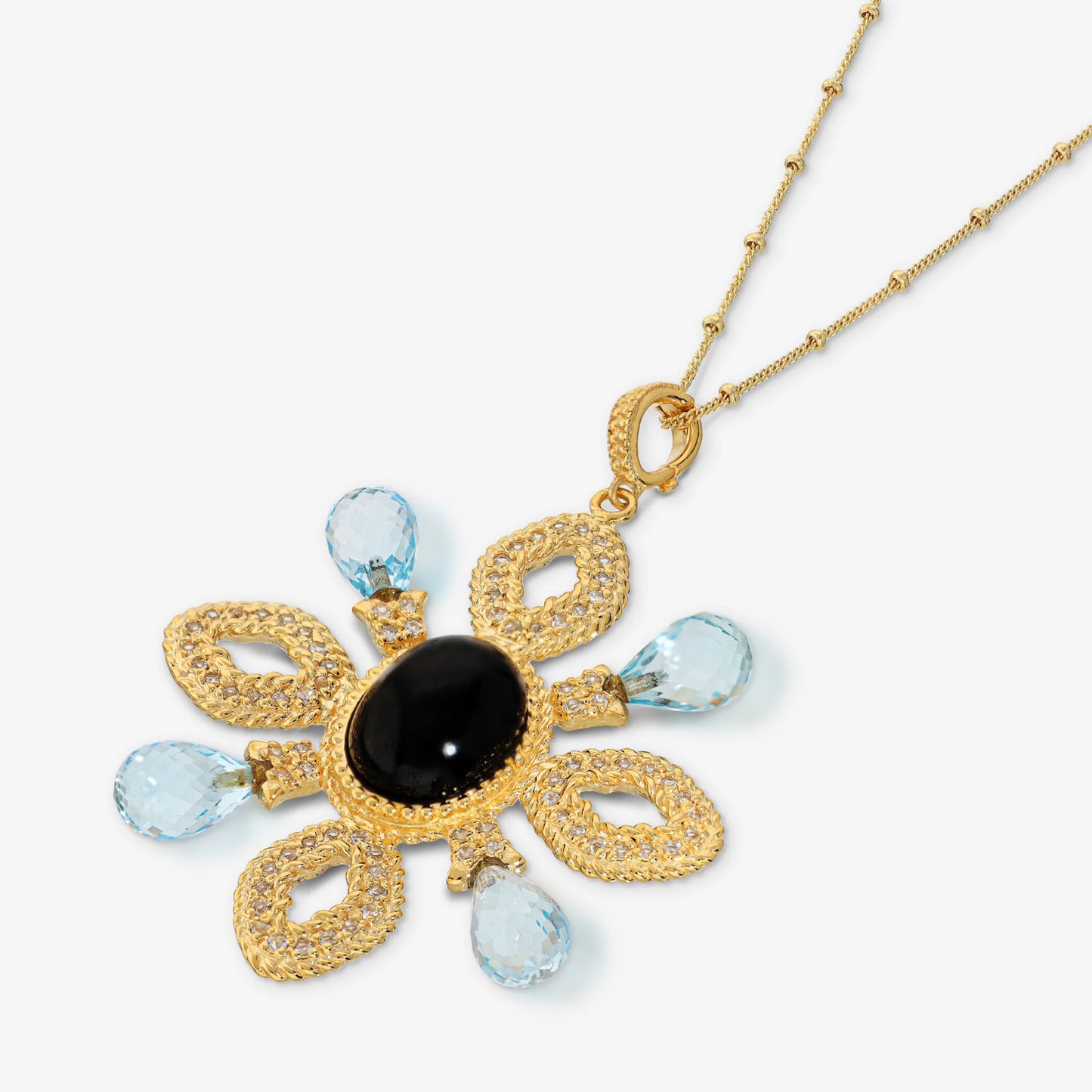 Collana in Argento 925 placcato Oro Giallo 18Kt con Pendente Fiore in Quarzo Fumé e Topazi