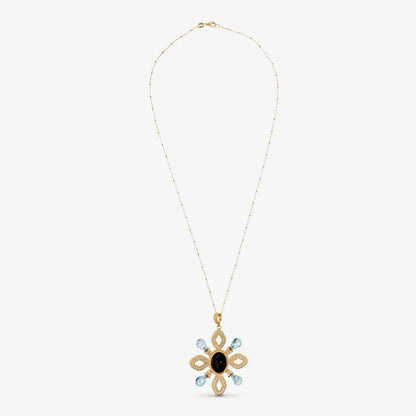 Collana in Argento 925 placcato Oro Giallo 18Kt con Pendente Fiore in Quarzo Fumé e Topazi
