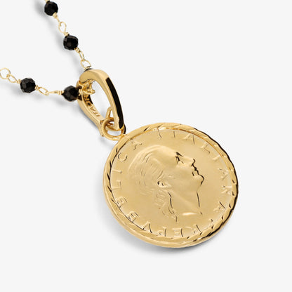 Collana Rosario in Argento 925 placcato Oro Giallo 18Kt con Spinelli Neri e Moneta 200 Lire