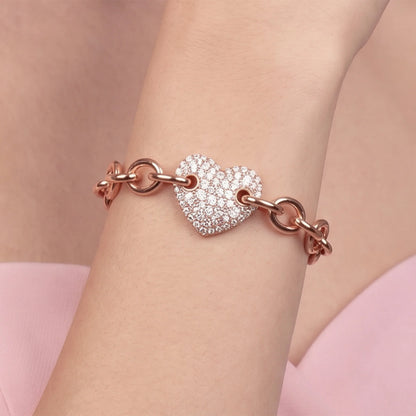 Bracciale Maglia Rolò Con Cuore in Pavè di Cubic Zirconia