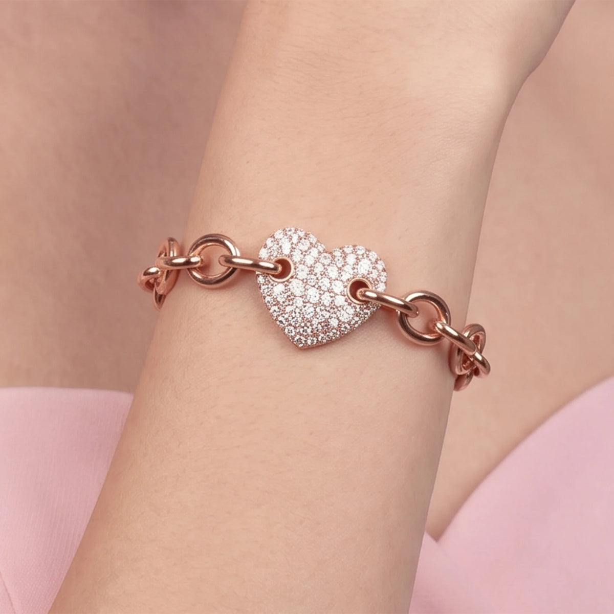 Bracciale Maglia Rolò con Cuore in Pavè di Cubic Zirconia Placcato Oro 18Kt