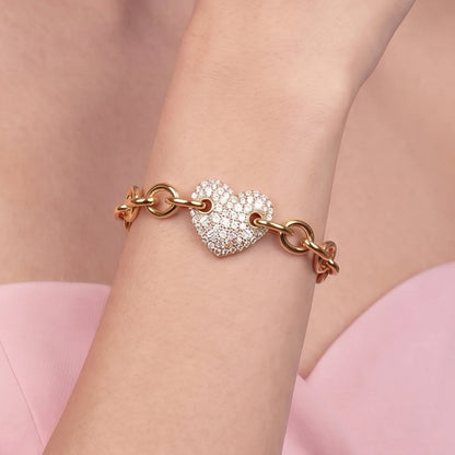 Bracciale Maglia Rolò con Cuore in Pavè di Cubic Zirconia Placcato Oro 18Kt