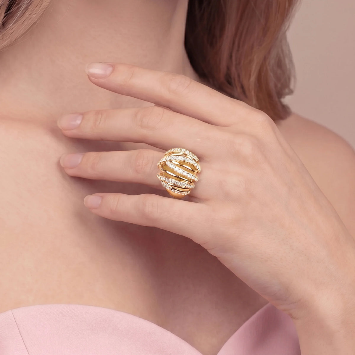 Anello Multifilo a Fascia Intrecciato con Cubic Zirconia Placcato Oro 18Kt