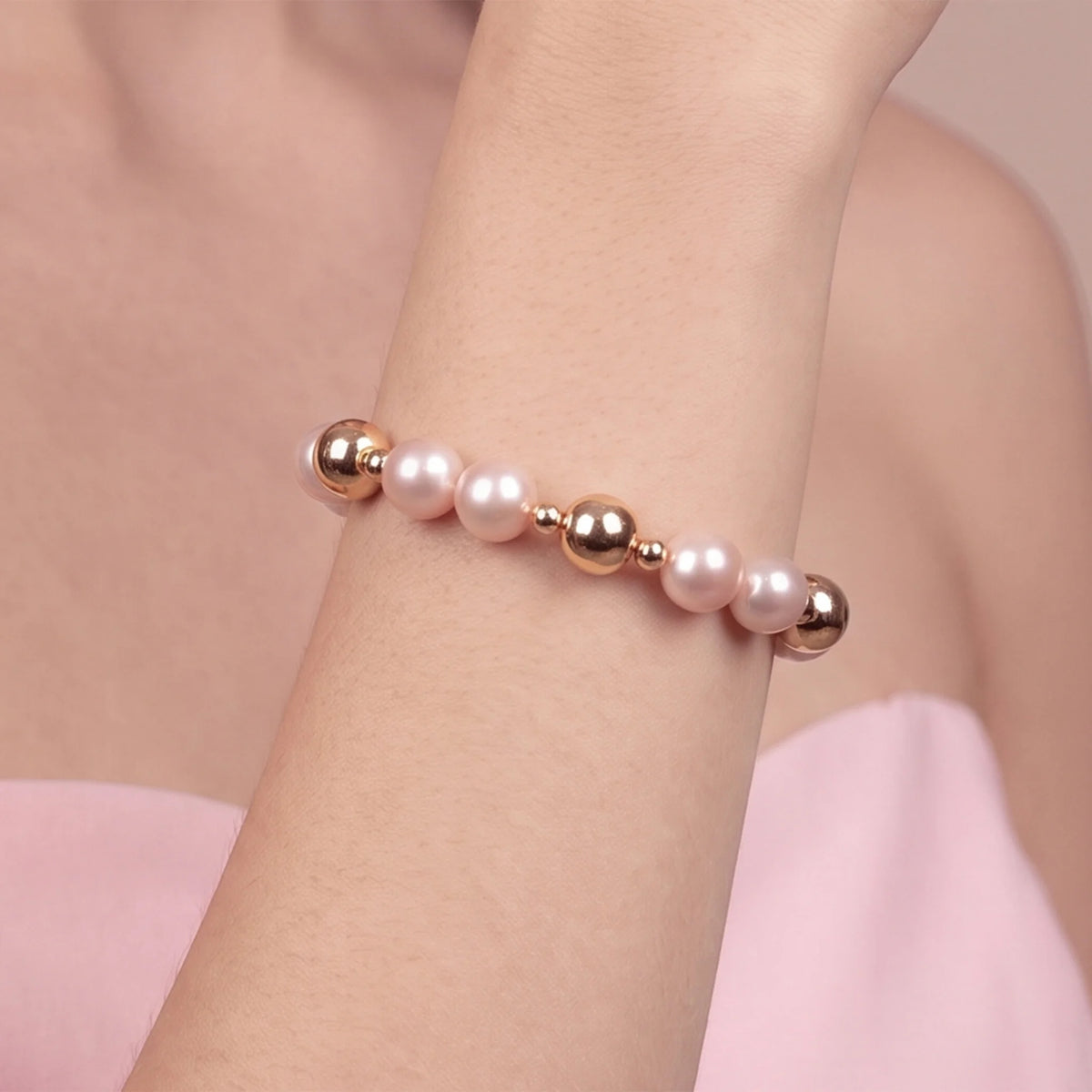 Bracciale con Palline Lucide e Perle Rosa Ø10mm Placcato Oro 18Kt