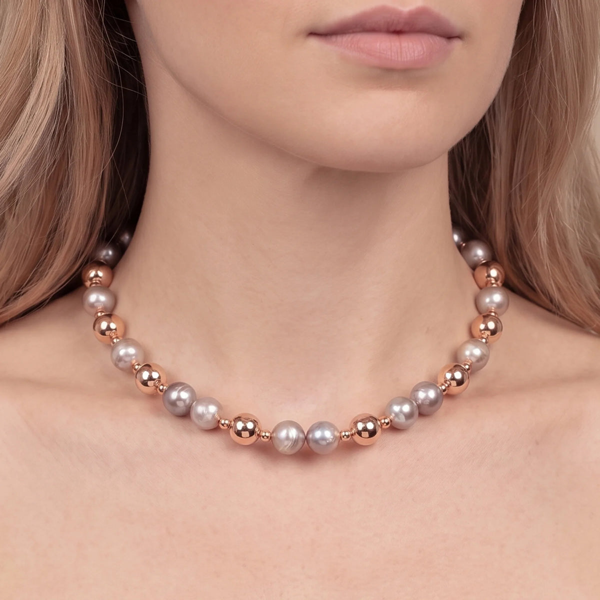 Collana con Palline Lucide e Perle Rosa Ø10mm Placcata Oro 18Kt
