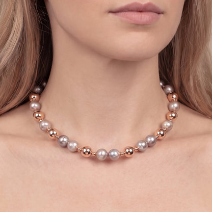 Collana con Palline Lucide e Perle Rosa Ø10mm Placcata Oro 18Kt