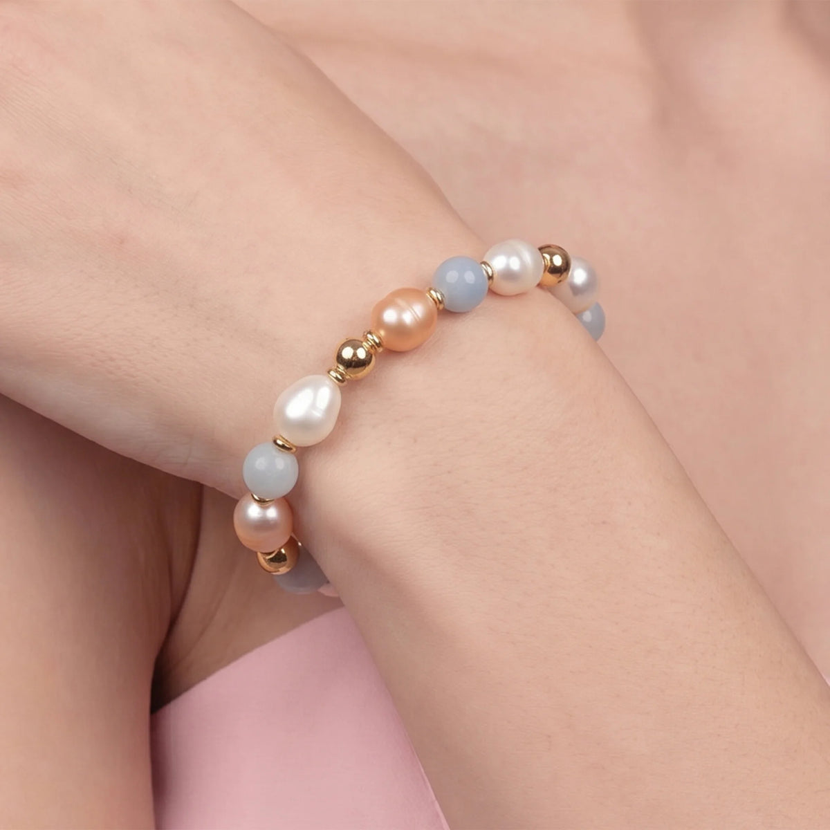 Bracciale Elastico con Quarzite Ø10mm e Perle Barocche 11-12mm