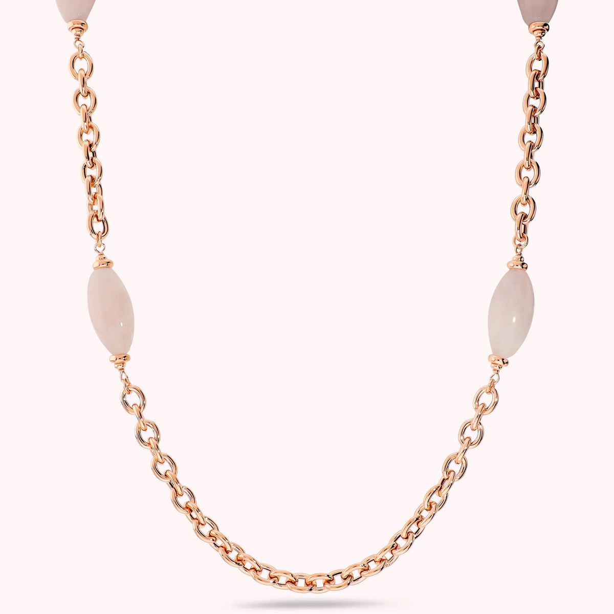 Collana Lunga con Barilotti in Quarzo Rosa Placcata Oro 18Kt