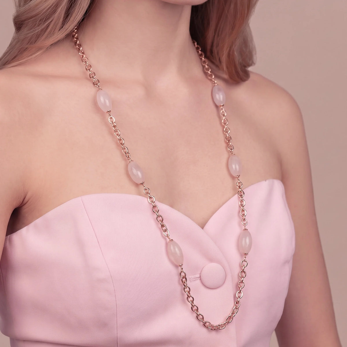 Collana Lunga con Barilotti in Quarzo Rosa Placcata Oro 18Kt