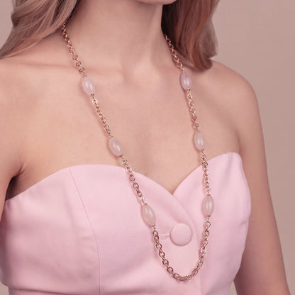 Collana Lunga con Barilotti in Quarzo Rosa Placcata Oro 18Kt