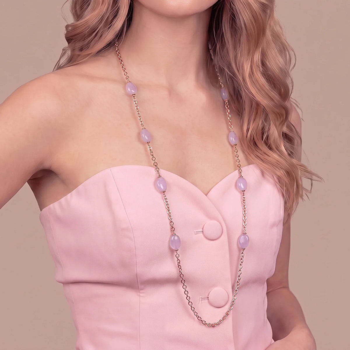 Collana Lunga Maglia Forzatina con Pietre Ametista Irregolari Placcata Oro 18Kt