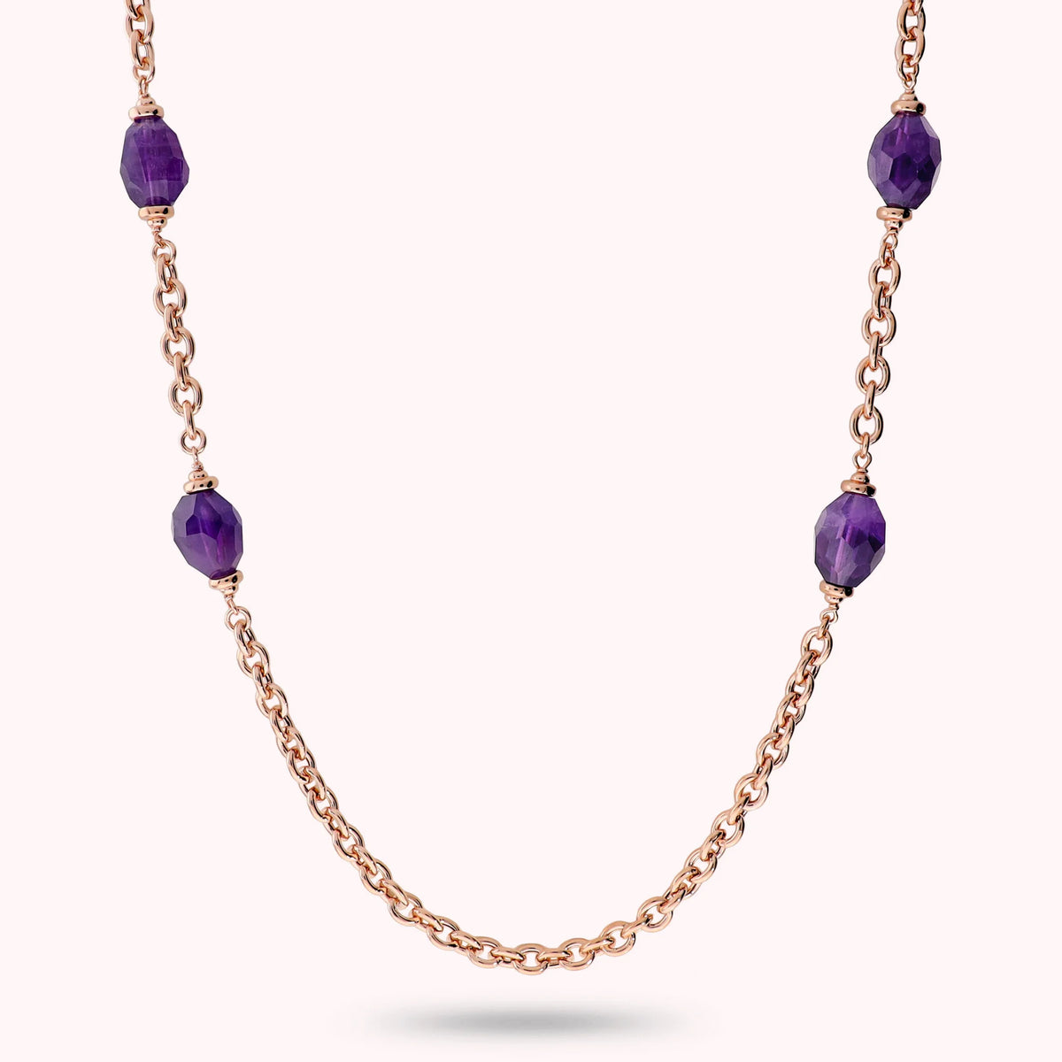 Collana Lunga Maglia Forzatina con Pietre Ametista Sfaccettate Placcata Oro 18Kt
