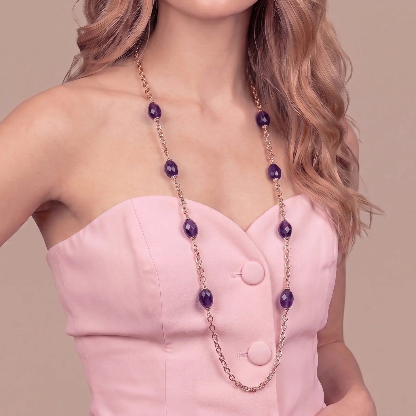 Collana Lunga Maglia Forzatina con Pietre Ametista Sfaccettate