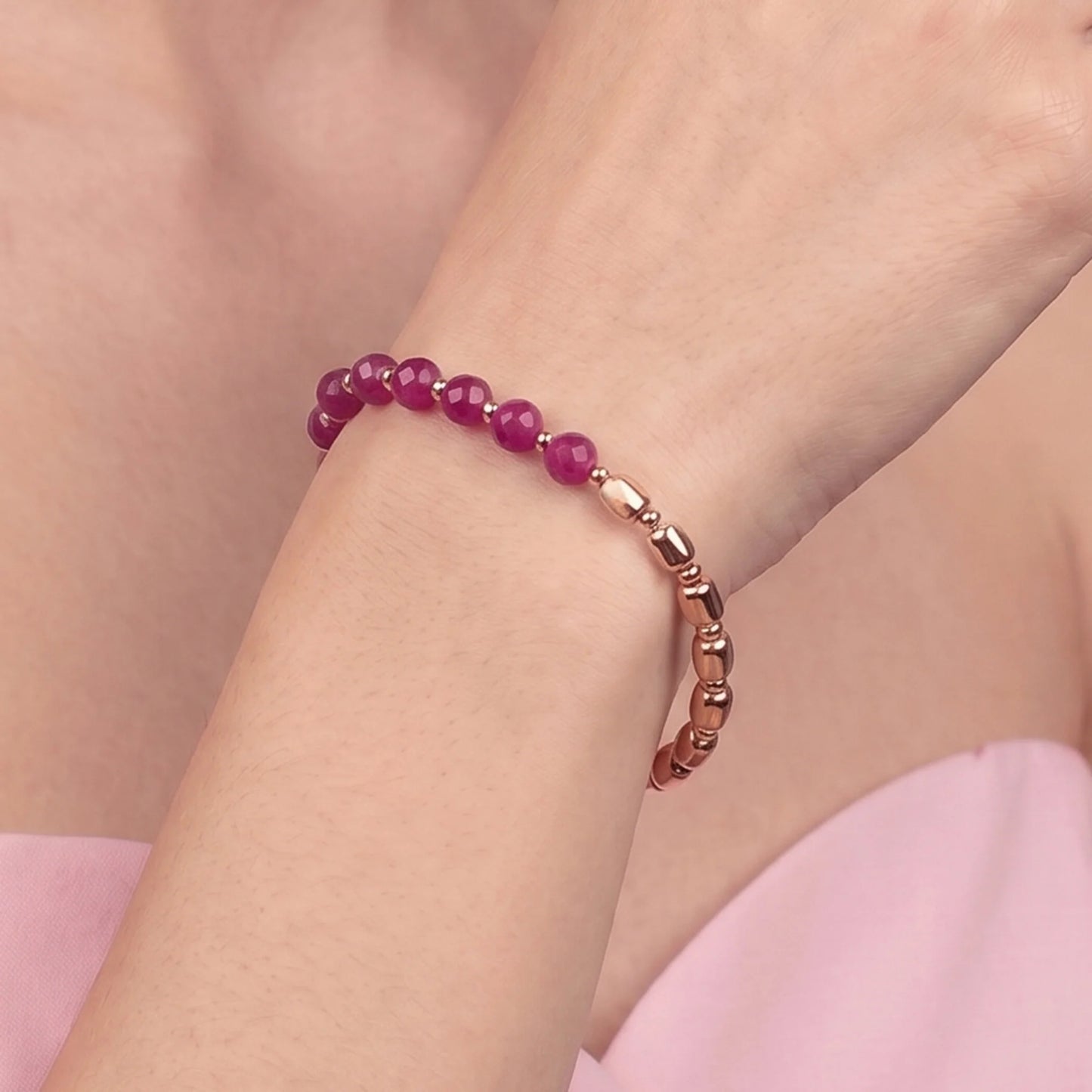 Bracciale Elastico con Pietre Naturali e Sfere Golden Rosé