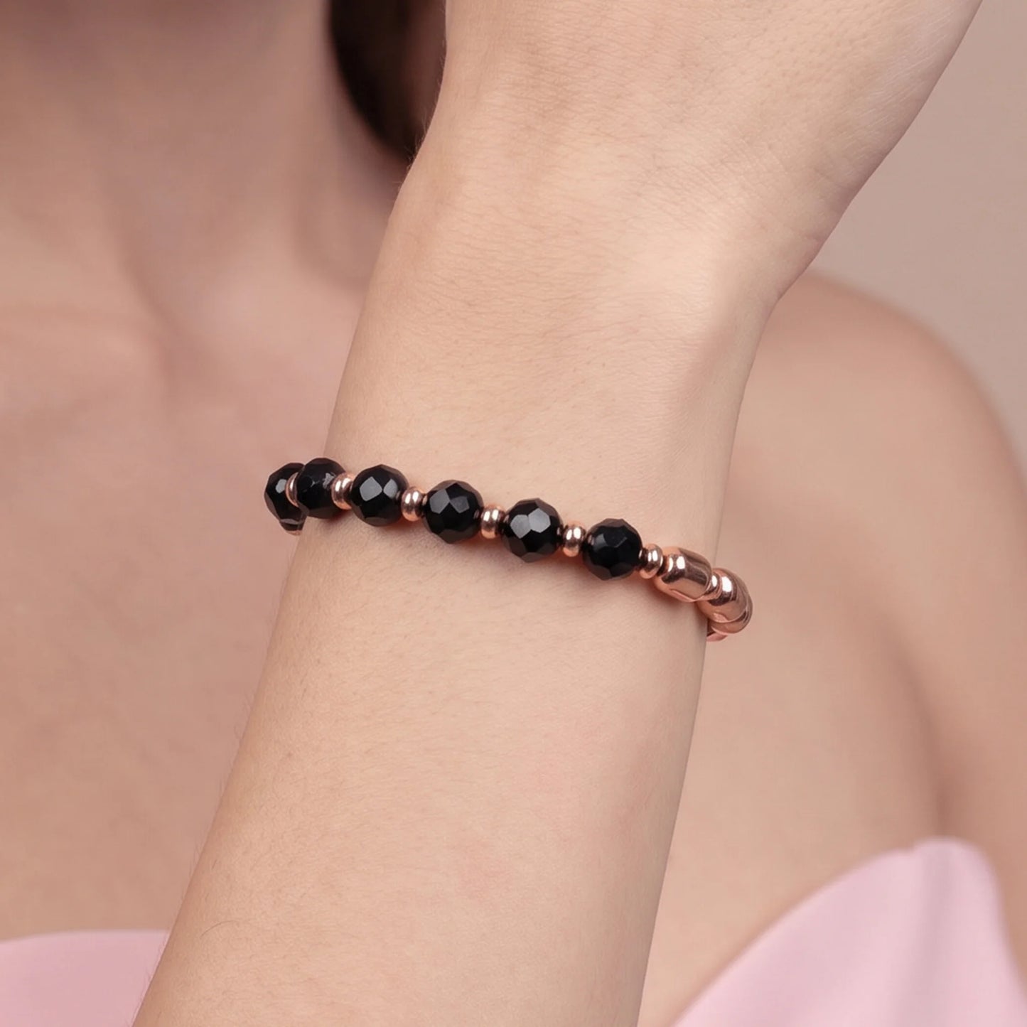 Bracciale Elastico con Pietre Naturali e Sfere Golden Rosé