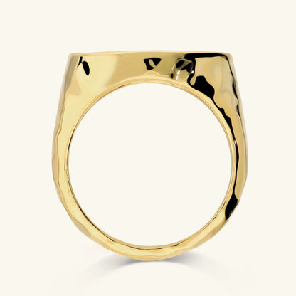 Anello Chevalier Sigillo Ovale Martellato Placcato Oro 18Kt