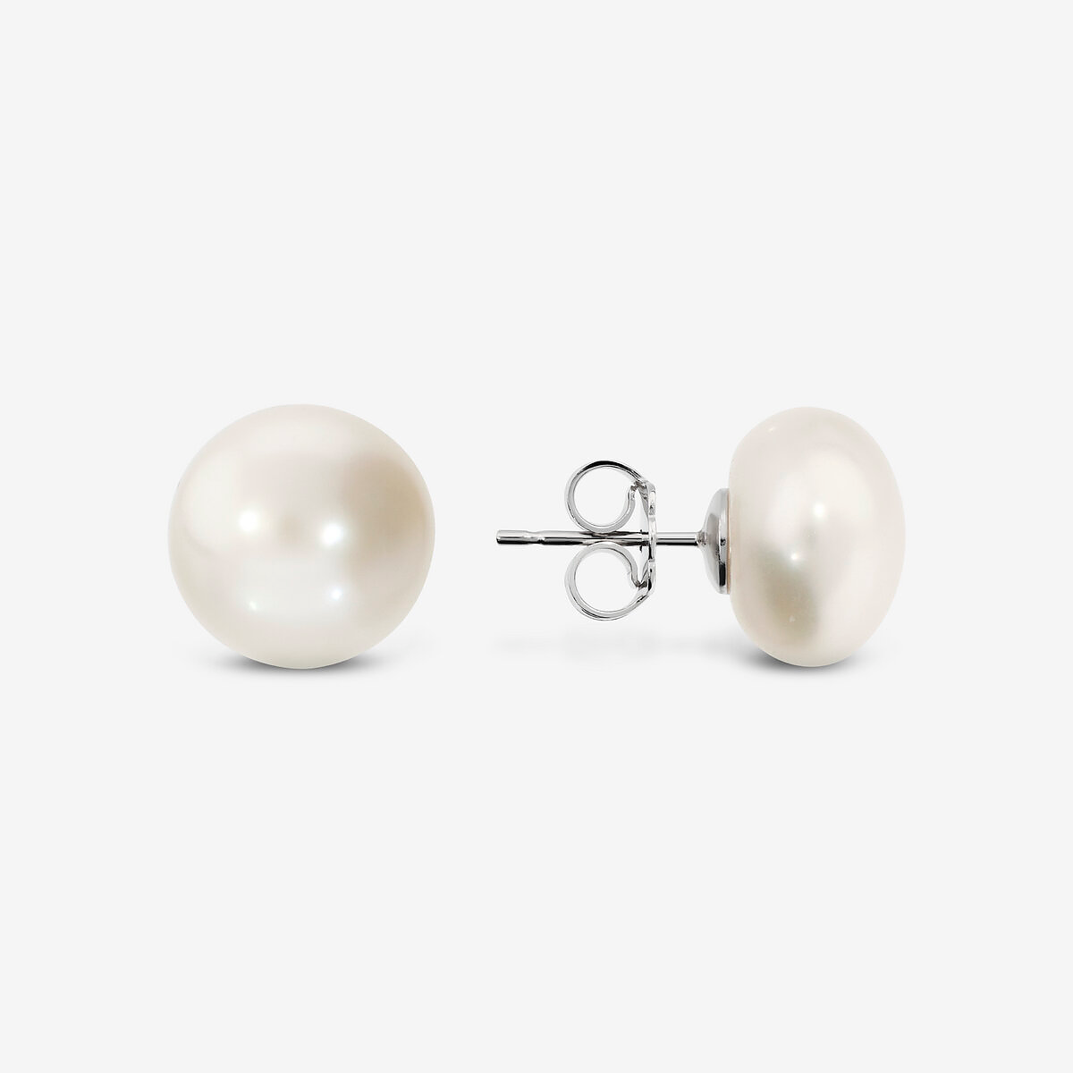 Boucles d'oreilles en argent 925 plaqué or blanc 18 carats avec perles d'eau douce blanches bouton Ø 12 mm