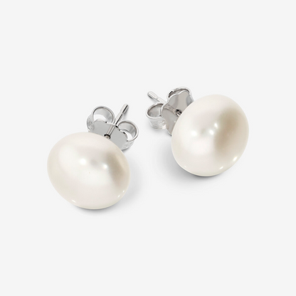 Boucles d'oreilles en argent 925 plaqué or blanc 18 carats avec perles d'eau douce blanches bouton Ø 12 mm