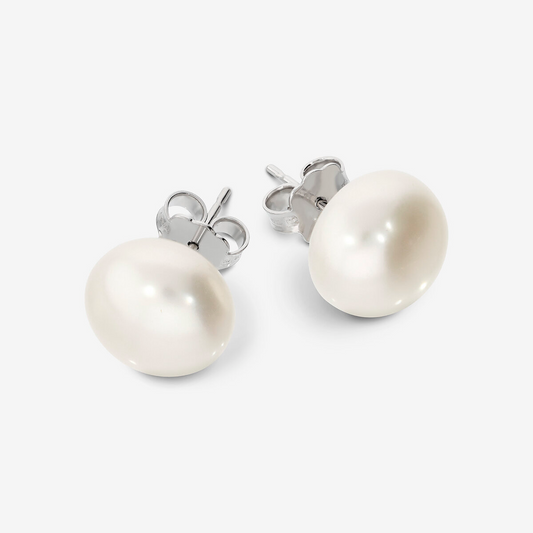 Orecchini in Argento 925 placcato Oro Bianco 18Kt con Perle d'Acqua Dolce a Bottone Bianche Ø 12 mm