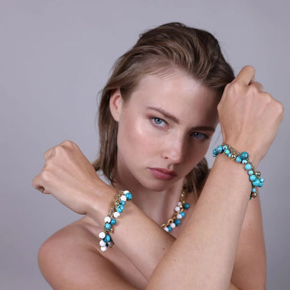 Bracciale in Argento 925 placcato Oro Giallo 18Kt con Pietre Naturali di Turchesi e Quarziti