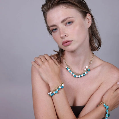 Collana Girocollo in Argento 925 placcato Oro Giallo 18Kt con Pietre Naturali di Turchesi e Quarziti