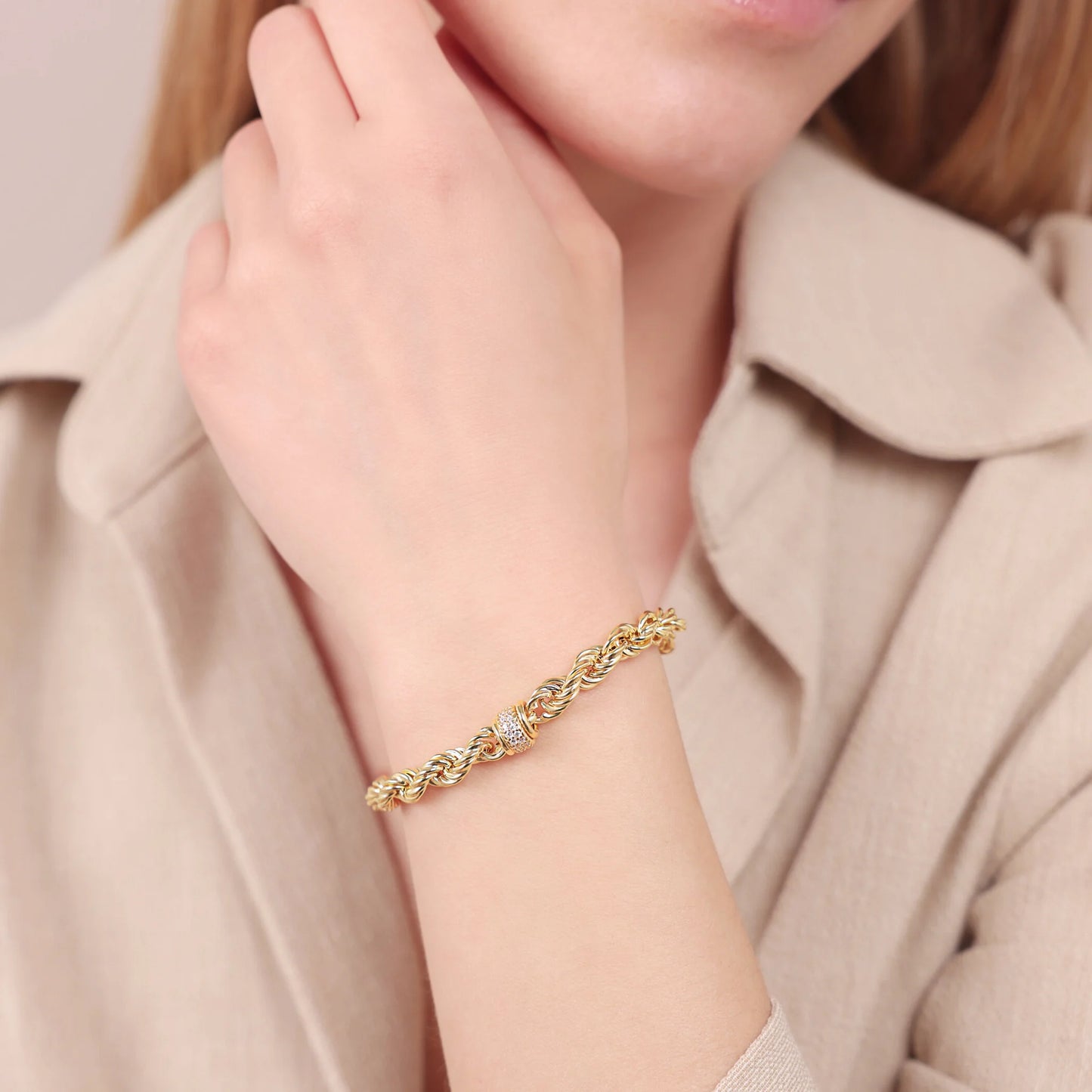 Bracciale Maglia Corda in Argento 925 placcato Oro Giallo 18Kt con Cubic Zirconia