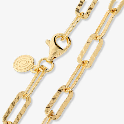 Collana Lunga con Maglie Ovali Allungate Martellate in Argento 925 placcato Oro Giallo 18Kt