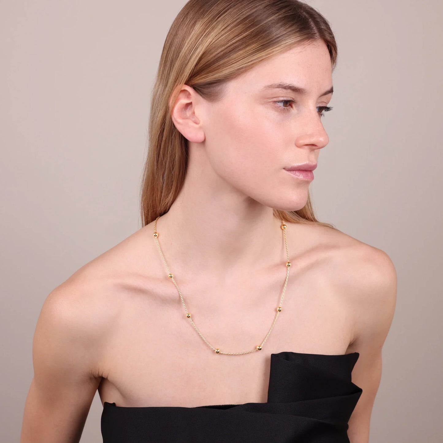 Collana Lunga Maglia Corda e Bead Lucide in Argento 925 placcato Oro Giallo 18Kt