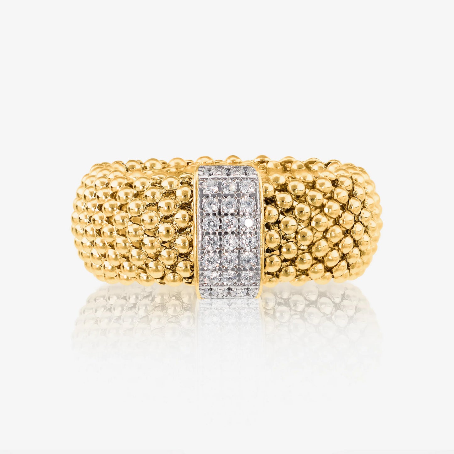 Anello a Fascia Maglia Popcorn in Argento 925 placcato Oro Giallo 18Kt con Pavé di Cubic Zirconia