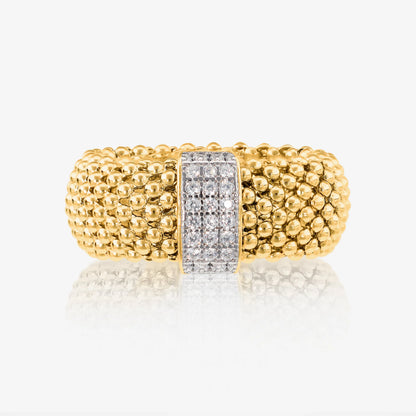 Anello a Fascia Maglia Popcorn in Argento 925 placcato Oro Giallo 18Kt con Pavé di Cubic Zirconia